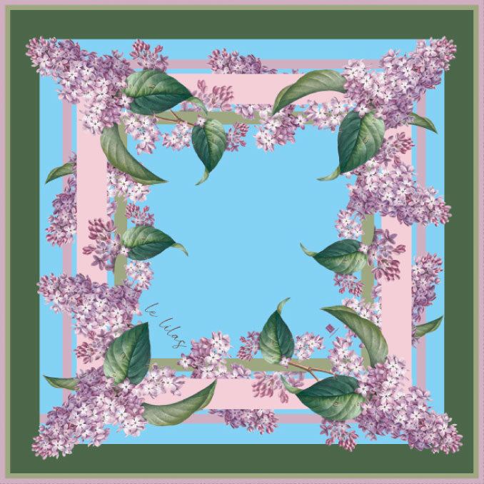 Luxurious French lilac scarf with green and pink accents, hand-rolled edges, and lilac design.