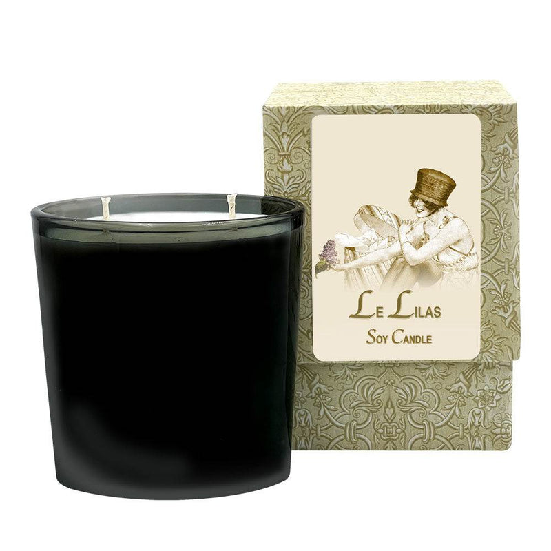 French Lilac scented medium candle in black glass jar with decorative box.