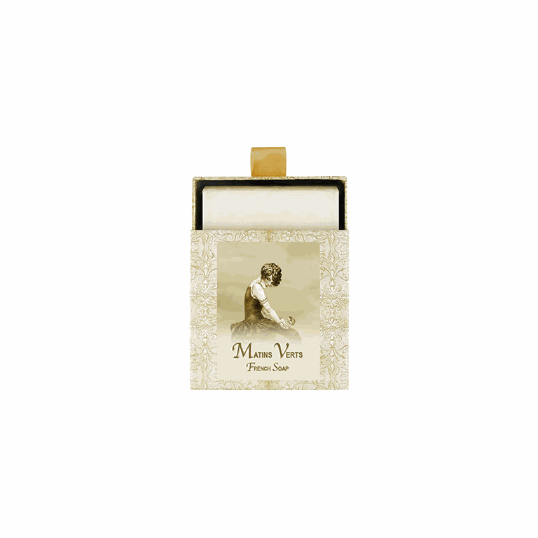 Matins Verts French Soap 7oz in elegant packaging, handcrafted and triple-milled, featuring premium butters and a refreshing scent.