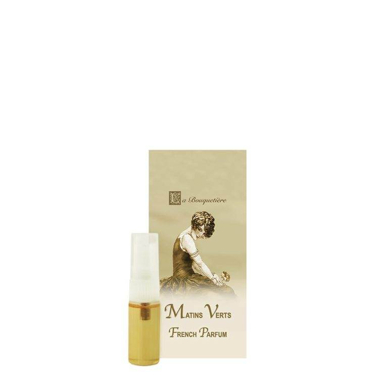 Matins Verts Parfum sample spray vial with notes of green mandarin, lavender, and bergamot, made in France.