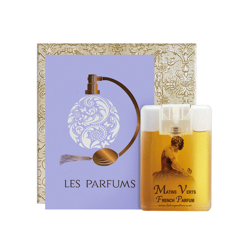 Matins Verts Eau de Parfum Spray Card 20ml with packaging, featuring ornate design.