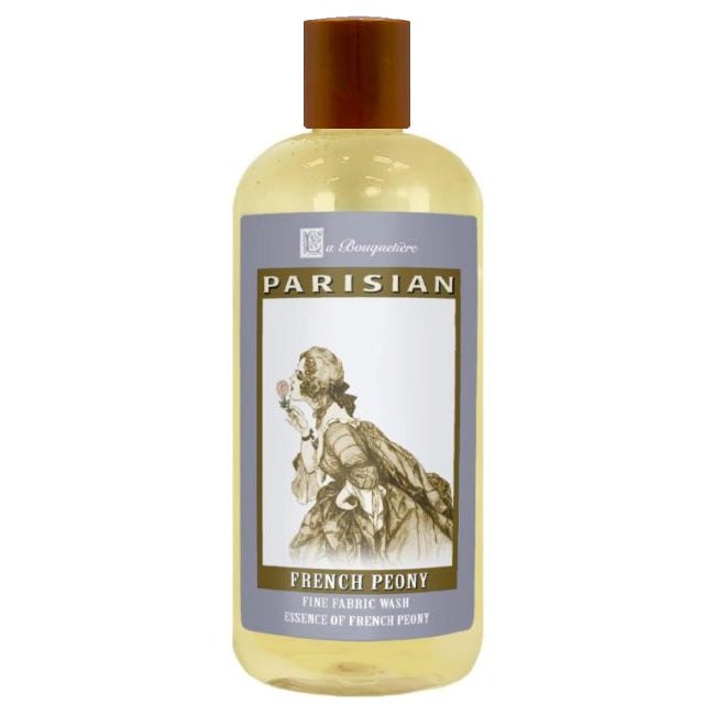 French Peony Fine Fabric Wash 19oz bottle with natural ingredients, suitable for HE and conventional machines.