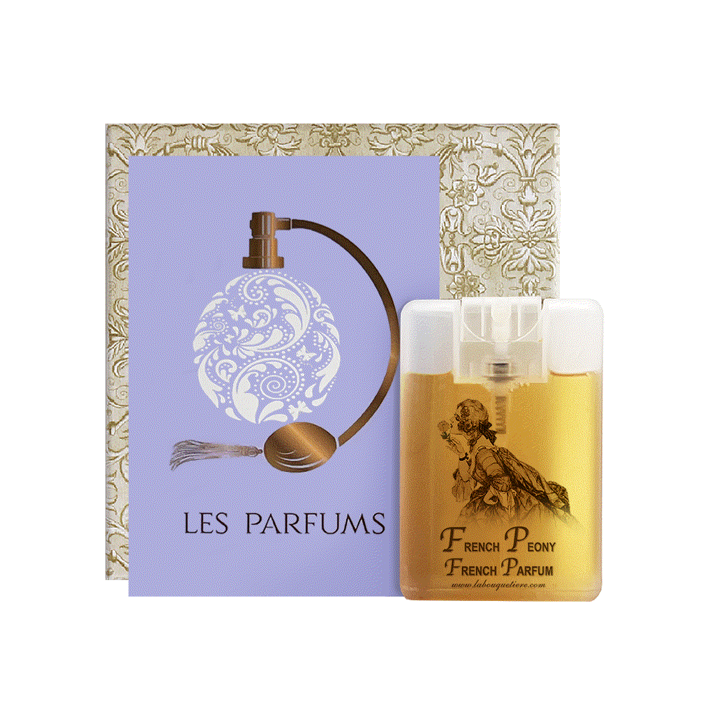 French Peony Eau de Parfum Spray Card 20ml, slim and portable perfume, cruelty-free, designed by La Bouquetiere, made in France, floral scent.