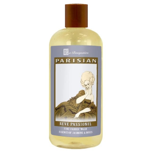 Reve Passionel Fine Fabric Wash 19oz bottle with vintage label design, featuring plant-based ingredients and French essential oils.