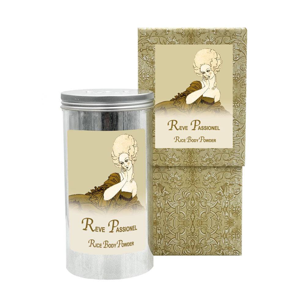 Reve Passionel Rice Body Powder in Aluminum Canister with Decorative Packaging