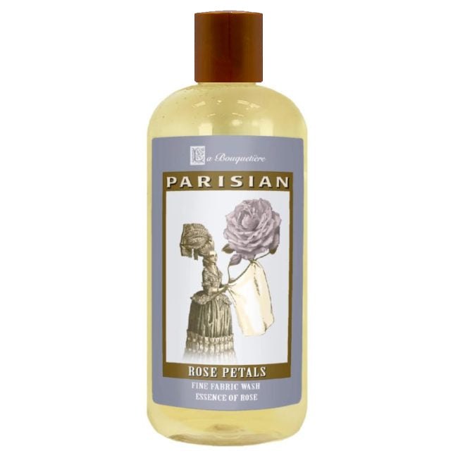Rose Petals Fine Fabric Wash 19oz bottle with a floral design, suitable for sensitive skin, plant-based ingredients.