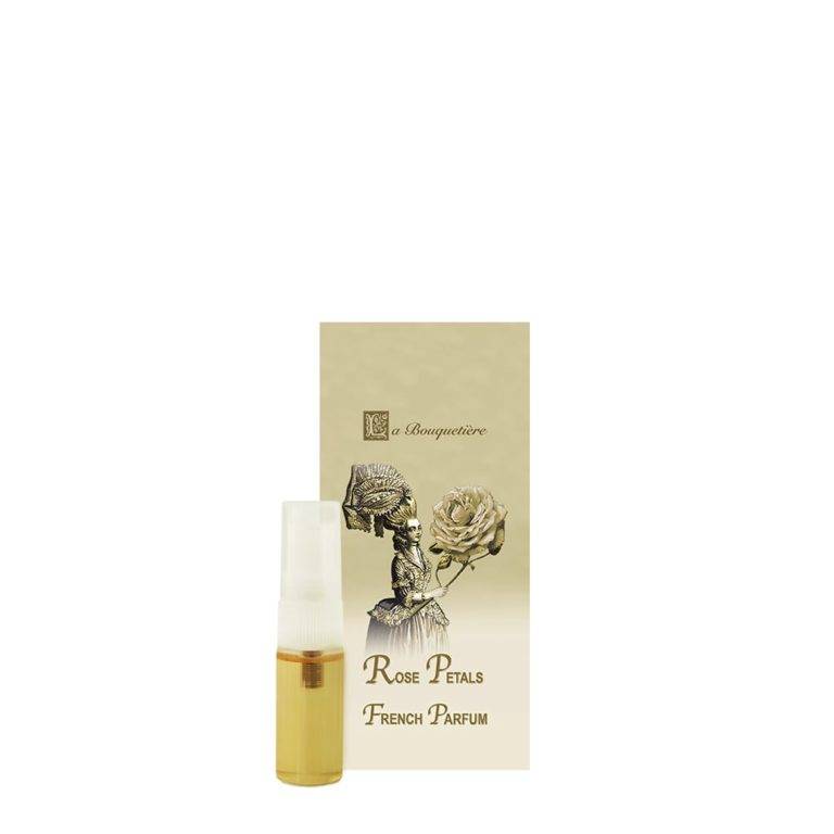 Rose Petals Parfum Sample Spray 0.1oz in front of its elegant packaging box.