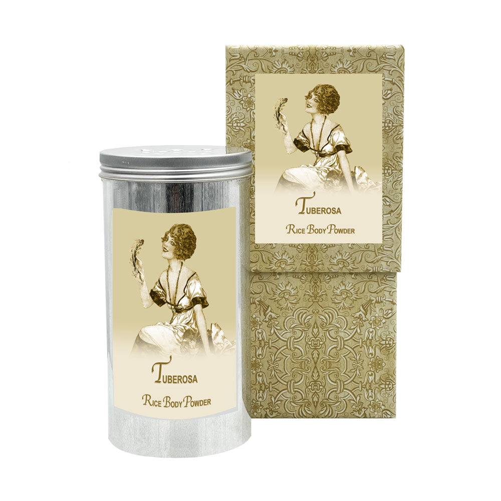 Tuberosa Rice Body Powder in aluminum canister with vintage-style packaging.