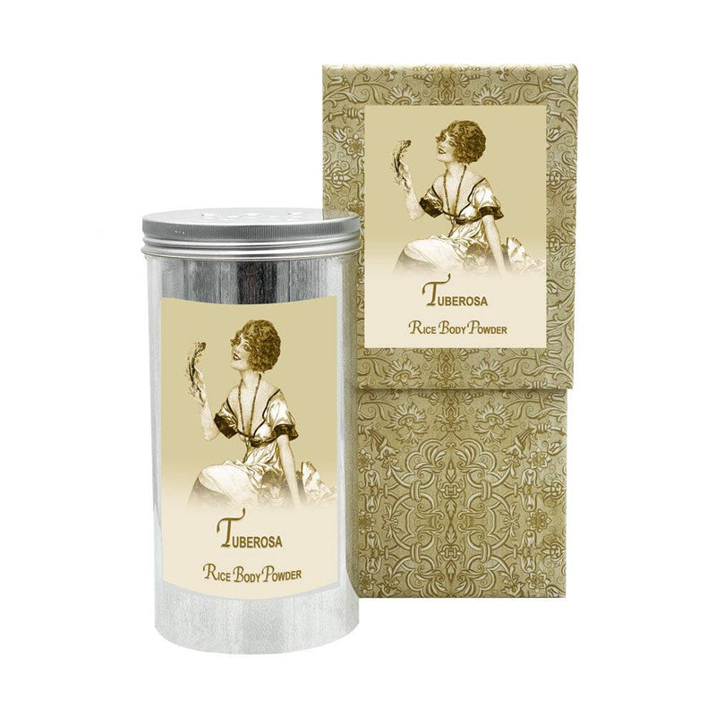 Tuberosa Rice Body Powder in aluminum canister with vintage-style packaging.