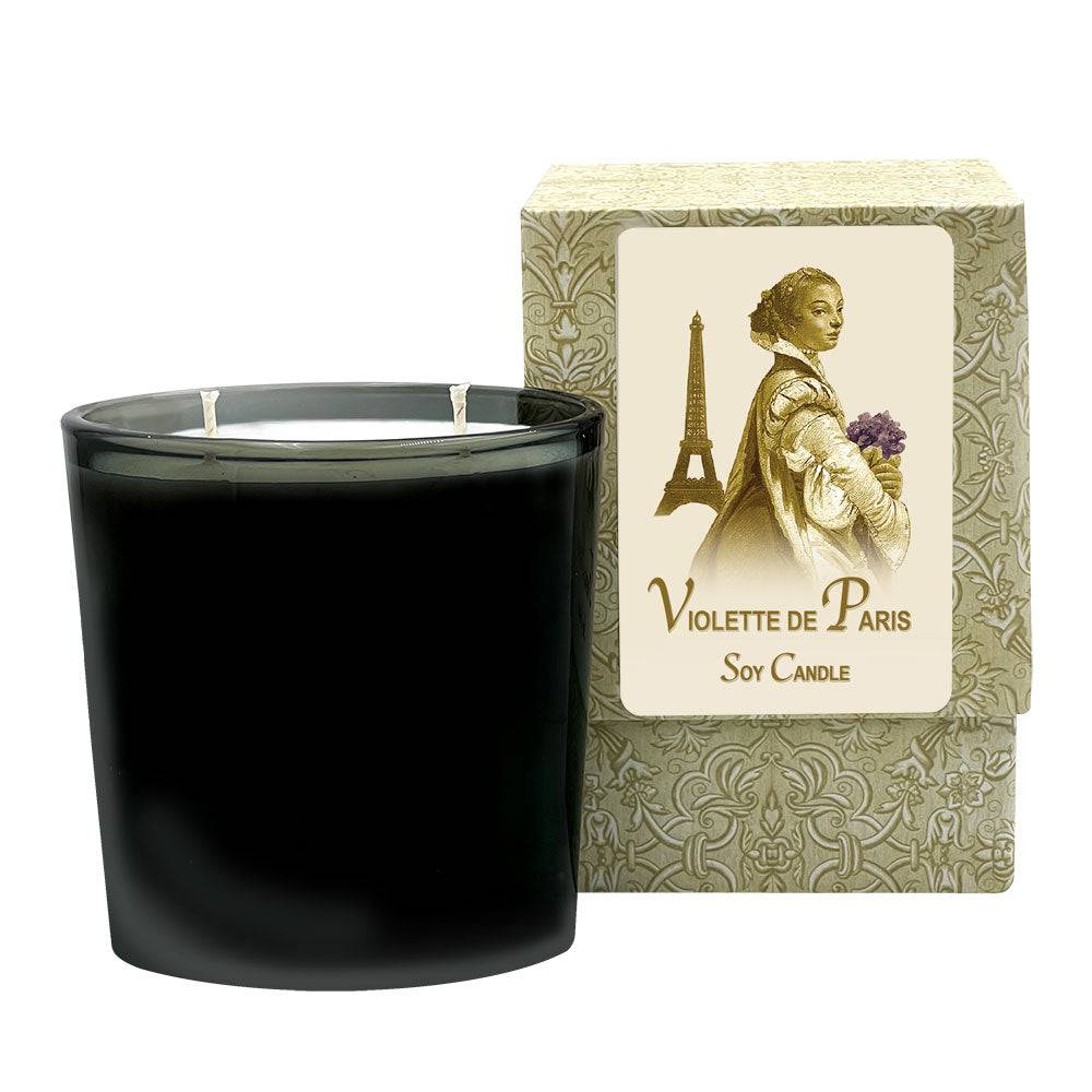 Violette de Paris Candle in black glass jar with decorative packaging.