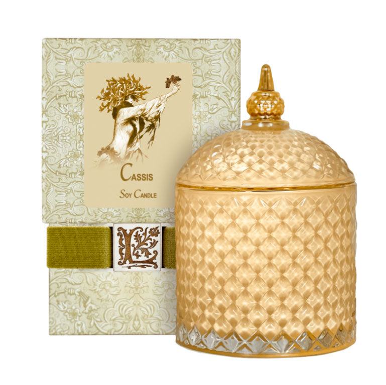 Cassis Luxury Soy Candle in ornate glass jar with decorative box.