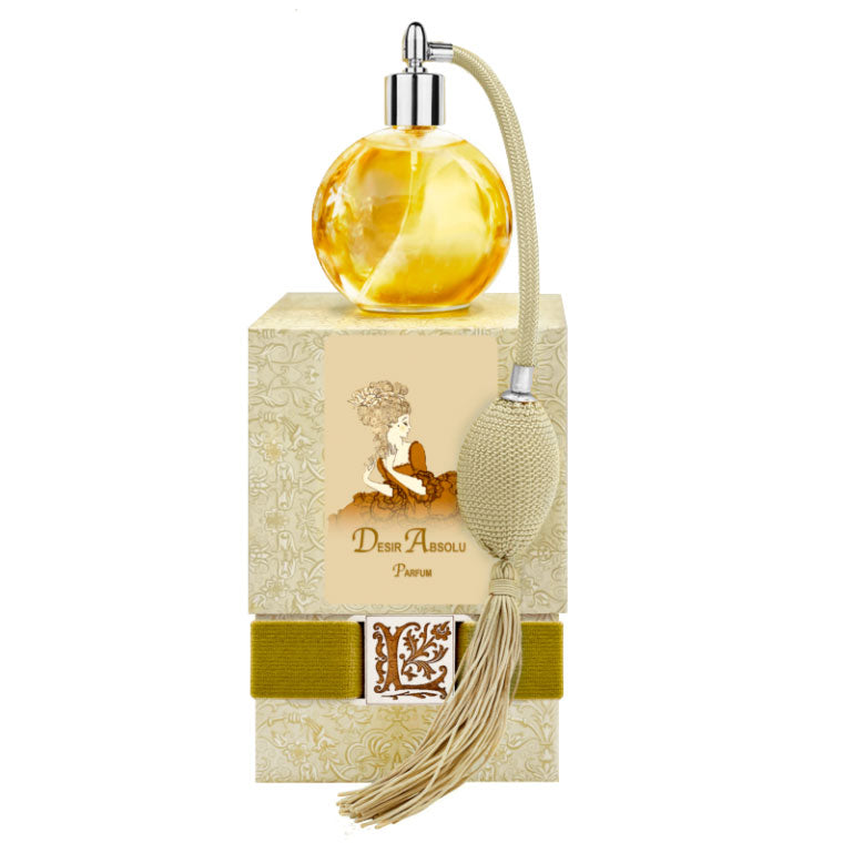 Desir Absolu French Perfume with gold bulb sprayer and tassel, 4.32 oz, elegant packaging.