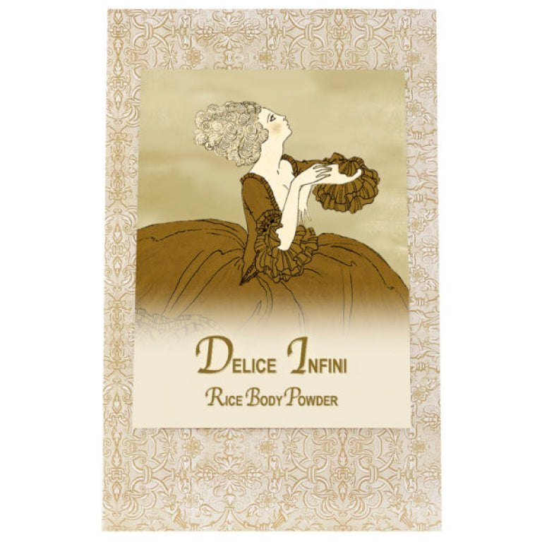 Delice Infini Rice Body Powder Refill package with vintage-style illustration.