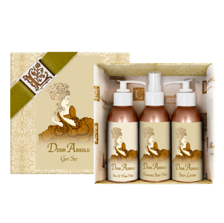 Desir Absolu Gift Set with body lotion, hydrating mist, and body wash in elegant packaging.