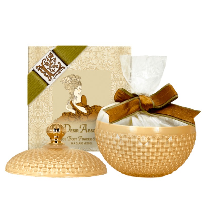 Body Powder Set – Desir Absolu fragrance with Puff & Glass Vessel 6oz.