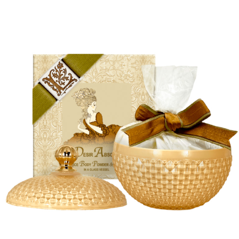 Desir Absolu Rice Body Powder 6oz in glass vessel with refill and Australian powder puff.
