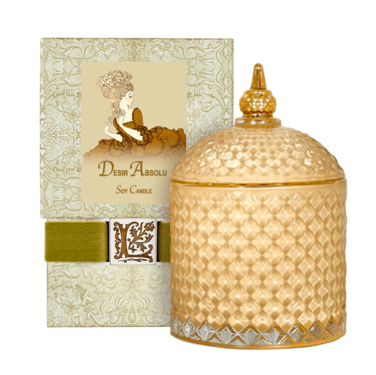Desir Absolu Luxury Soy Candle in a decorative golden glass jar with ornate packaging, cruelty-free and designed by La Bouquetiere.