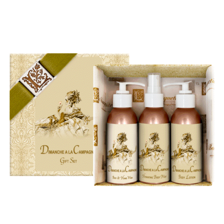 Dimanche a la Campagne Gift Set with body lotion, hydrating mist, and hand wash in elegant packaging.