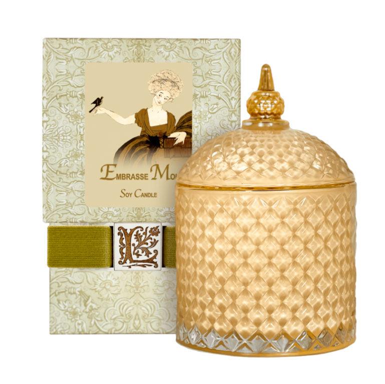 Embrasse Moi Luxury Soy Candle in decorative glass jar with elegant packaging.