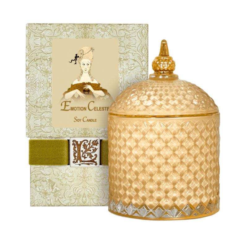 Emotion Celeste Luxury Soy Candle in decorative glass jar with elegant packaging.