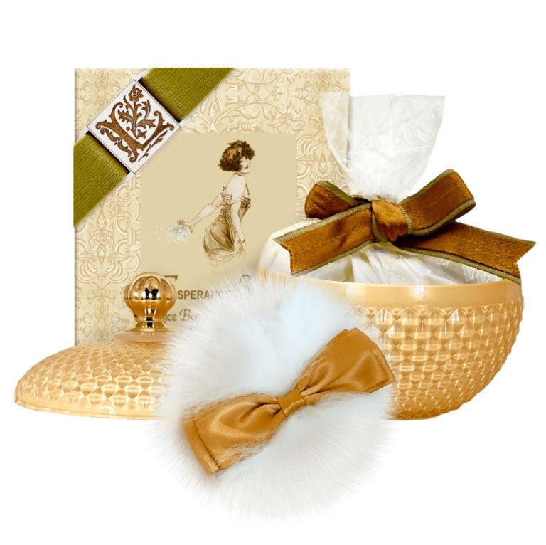 Powder Puff – Esperance Santal Rice Body Powder in Glass Vessel 6oz.