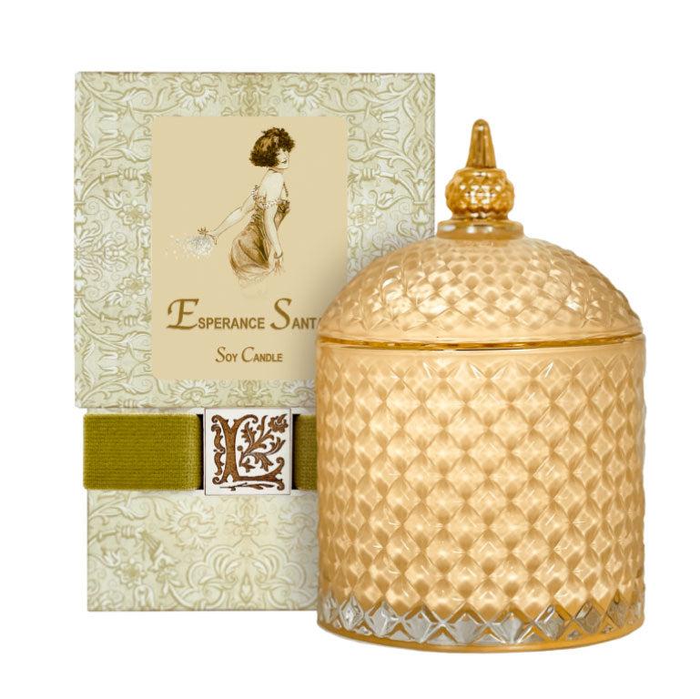 Esperance Santal Luxury Soy Candle in an ornate glass jar with decorative packaging.