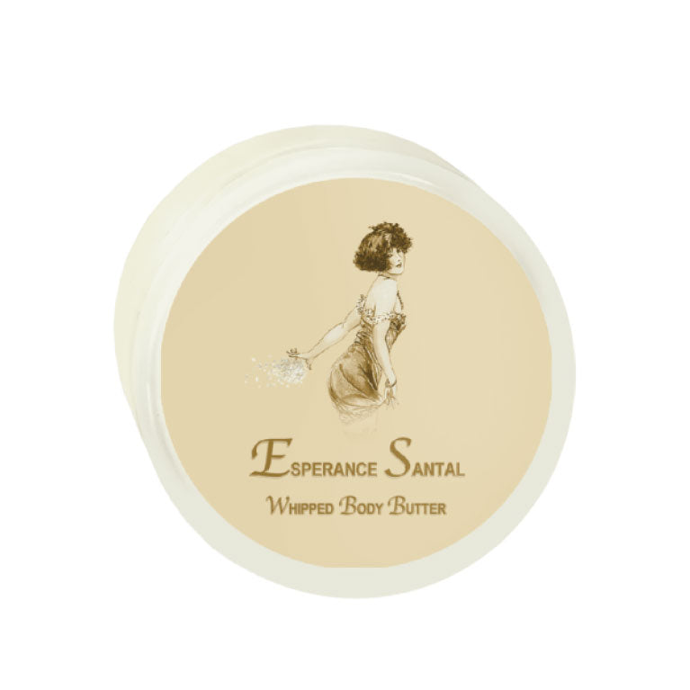 Esperance Santal Argan Oil Whipped Body Butter 8oz. with nourishing ingredients in round container.