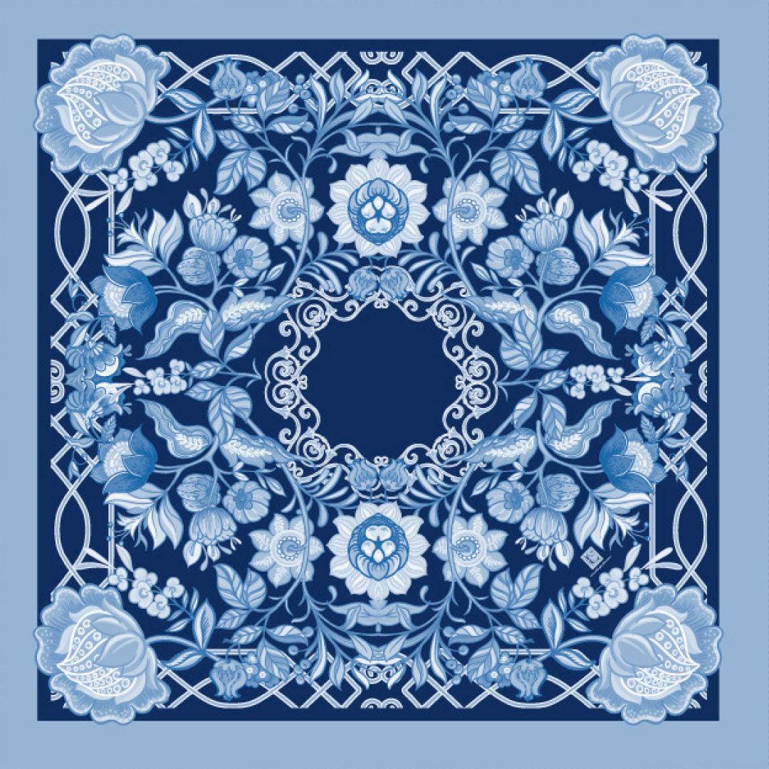 Blue Garden Court French Scarf with floral design and hand-rolled edges.