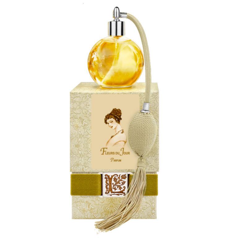 Fleurs du Jour Marina Blue French Perfume with gold bulb sprayer and tassel in elegant box.