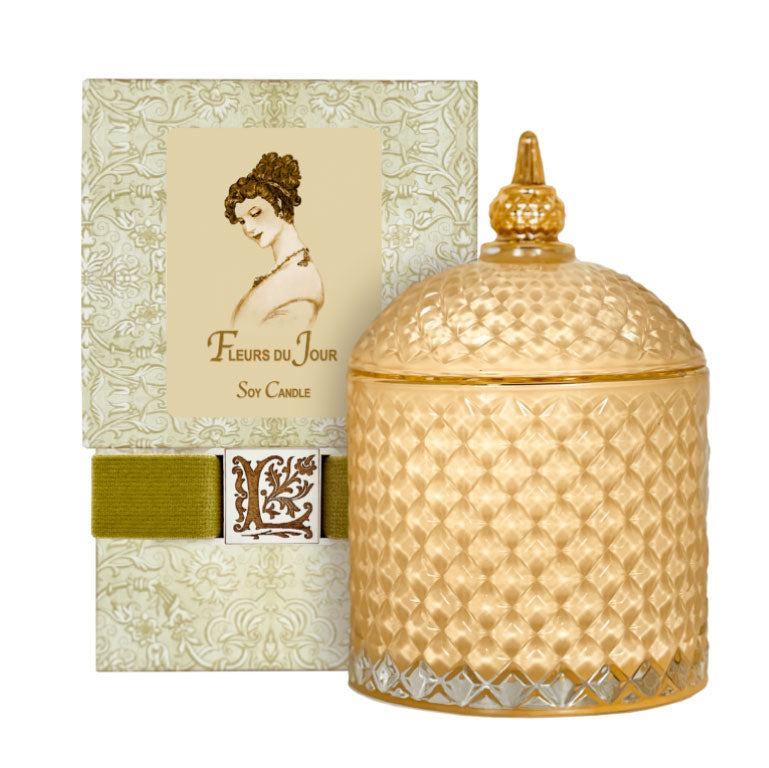 Fleurs du Jour Marina Blue Luxury Soy Candle in decorative glass jar with packaging, cruelty-free, long-lasting burn.