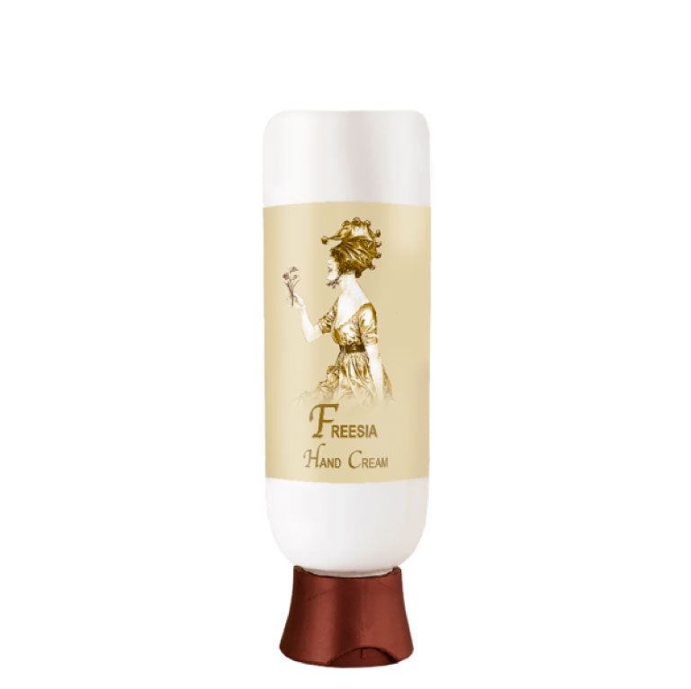 Freesia Hand Cream 4 oz bottle with vintage label design on a white background.