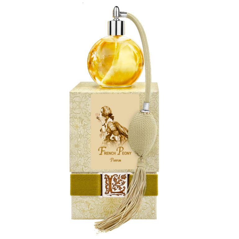 Elegant French Peony Perfume with gold bulb sprayer, 4.32 oz. glass bottle, in a decorative box.