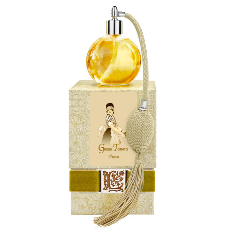 Green Tomato French Perfume 4.32 oz, round glass bottle with gold bulb sprayer and tassel, beautifully boxed with leather pouch.