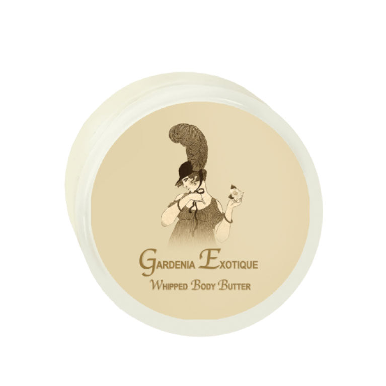 Gardenia Exotique Argan Oil Whipped Body Butter 8oz container with elegant vintage label design.