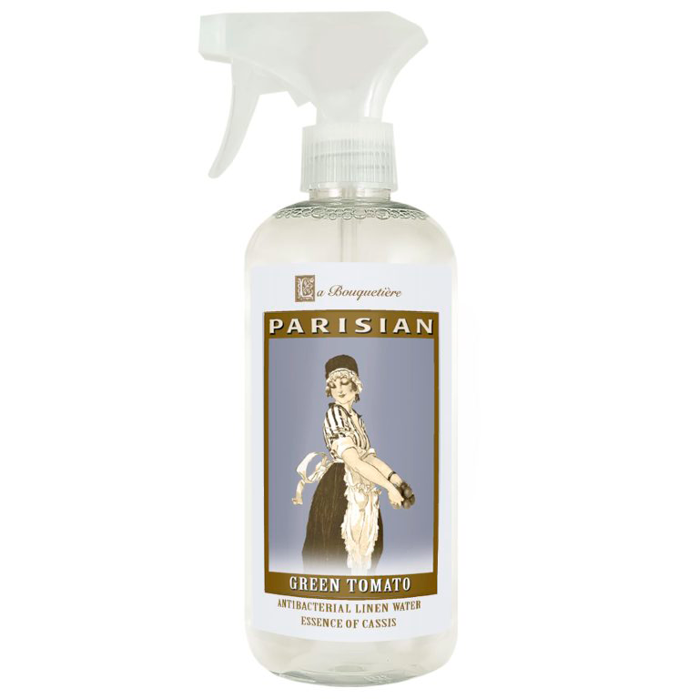 Green Tomato Antibacterial Linen Water 19oz bottle with a spray nozzle, featuring a classic label design.