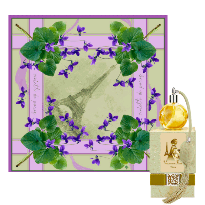 Silk blend Violette de Paris scarf with violet floral design and Eiffel Tower motif.