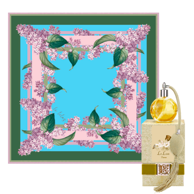 lilac scarf with lilac floral design and hand-rolled edges.