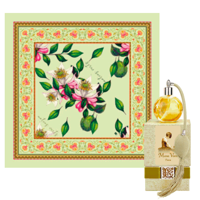 Silk scarf with floral design and hand-rolled edges.