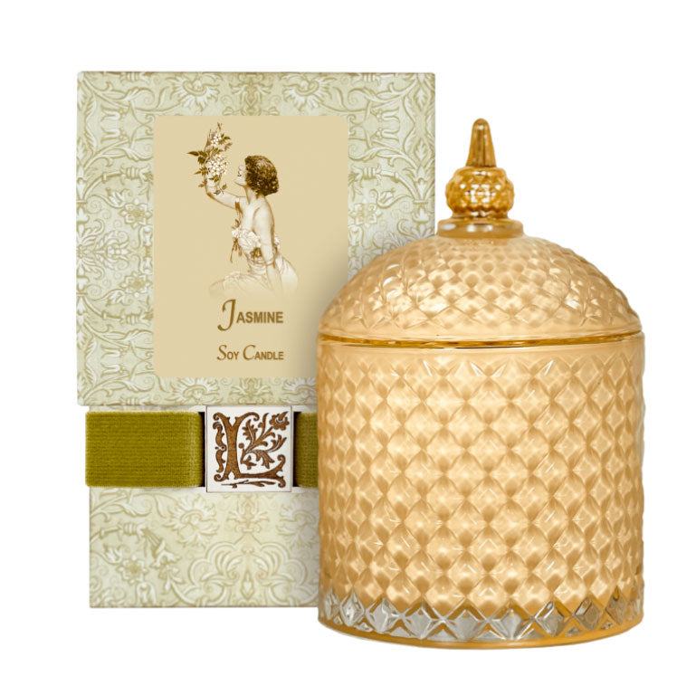 Jasmine Luxury Soy Candle in an ornate glass jar with elegant packaging, offering a clean and aromatic burn.
