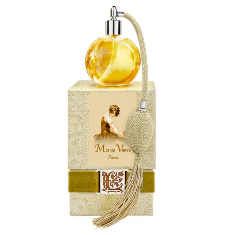Matins Verts French Perfume 4.32 oz with gold bulb sprayer and antique tassel.