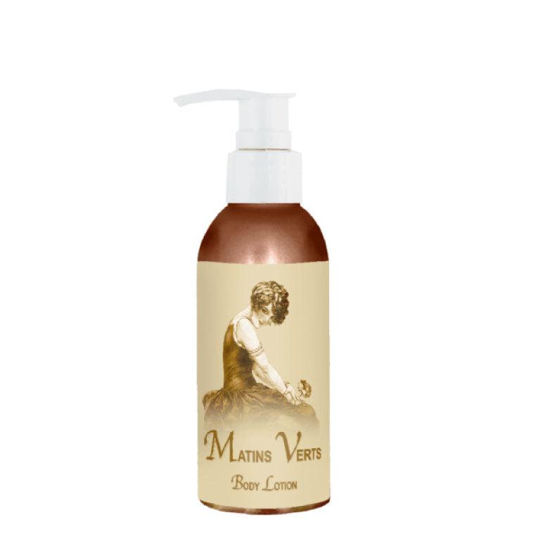 Matins Verts Body Lotion 4oz bottle, skin-smoothing with French fragrances, cruelty-free.