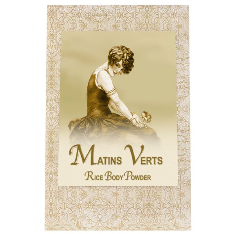Matins Verts Rice Body Powder Refill 8oz packaging with vintage design.