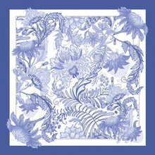 Lavender scarf with hand-rolled edges and floral print design.