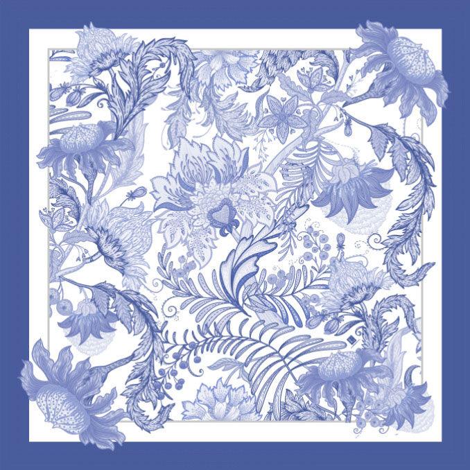 Lavender scarf with hand-rolled edges and floral print design.