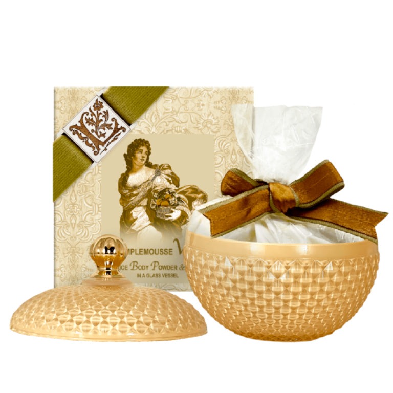 Talc-Free Body Powder – Pamplemousse Vanille in Glass Vessel with Puff