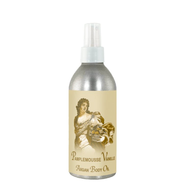 Pamplemousse Vanille French Body Argan Oil 8oz bottle with elegant label design.