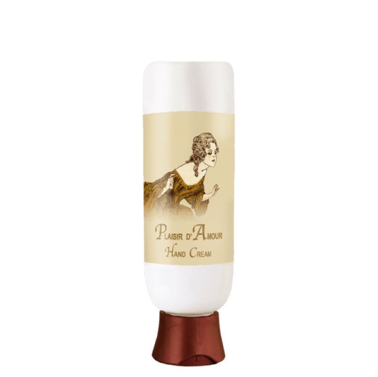 Plaisir d'Amour Hand Cream 4 oz tube with botanical ingredients for smooth skin.