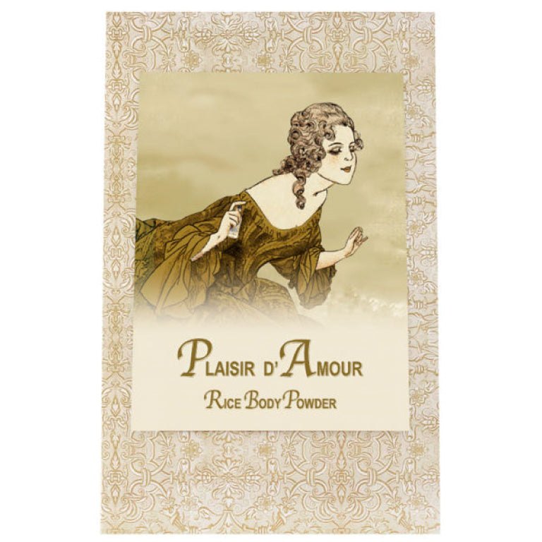 Plaisir d'Amour Rice Body Powder refill packaging with vintage illustration.