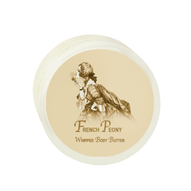 French Peony Argan Oil Whipped Body Butter 8oz container with vintage design, featuring deeply hydrating formula enriched with argan oil and shea butter.