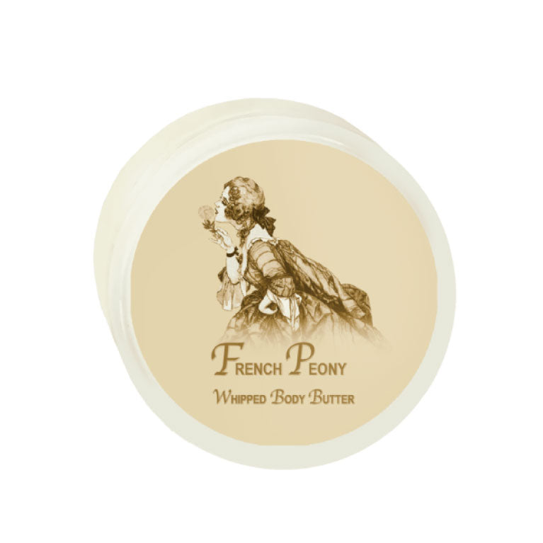 French Peony Argan Oil Whipped Body Butter 8oz. tub with vintage-inspired label.